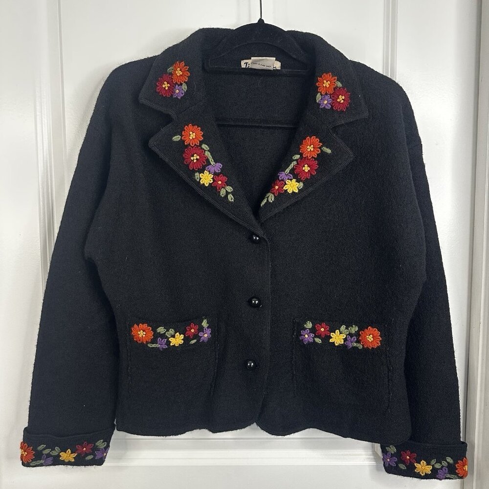 Vintage Timberlea 100% Wool Embroidered Floral Jacket Blazer Cozycore Size Med